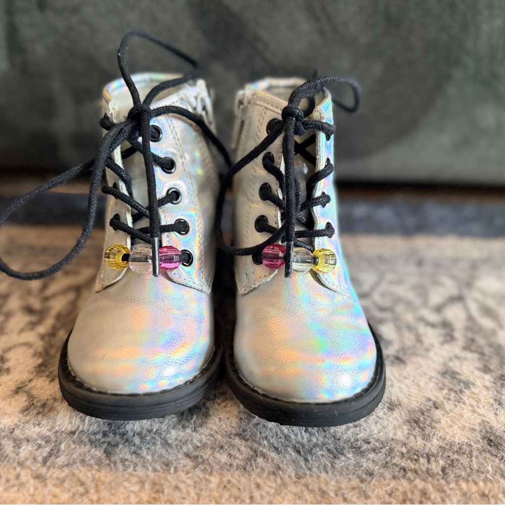 Kids Holographic Lace-Up Boots in Silver